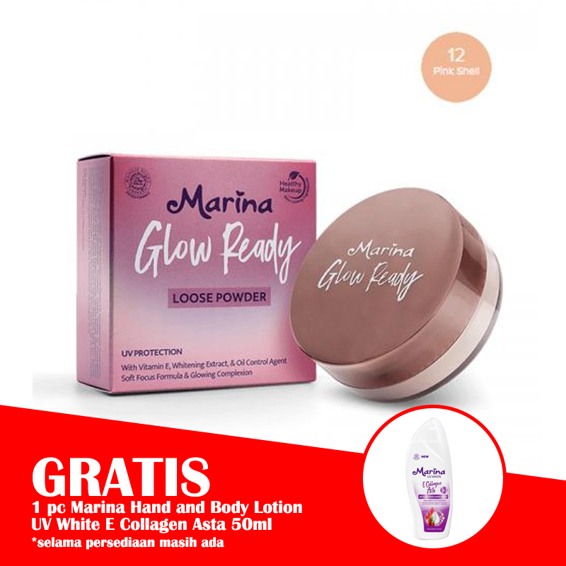 Marina Glow Ready Loose Powder 12. Pink Shell (GRATIS 1 Pc Marina Hand And Body Lotion UV White E Collagen Asta 50ml) | Gogobli
