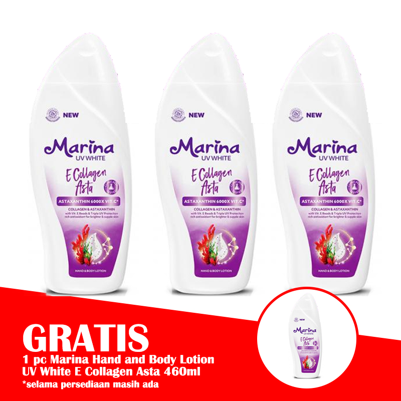 Marina Hand And Body Lotion UV White E Collagen Asta 460ml (PAKET ISI 3pcs GRATIS 1 Pc) | Gogobli