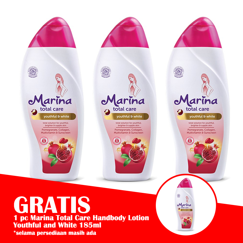 Marina Total Care Handbody Lotion Youthful And White 185ml (PAKET ISI 3 Pcs GRATIS 1 Pc) | Gogobli