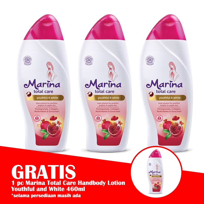 Marina Total Care Handbody Lotion Youthful And White 460ml (PAKET ISI 3 Pcs GRATIS 1 Pc) | Gogobli