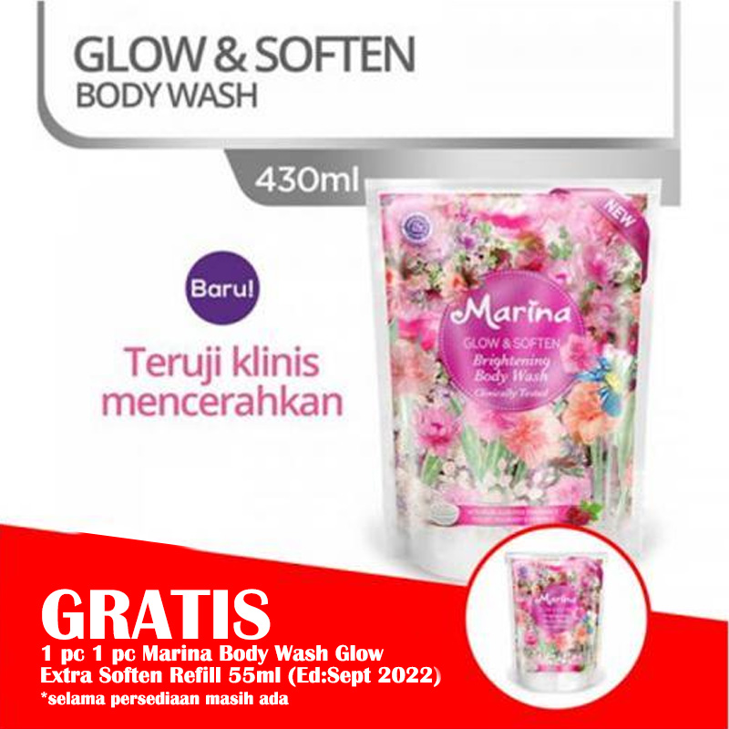 Marina Brightening Body Wash Glow And Extra Soften Refill 430ml (GRATIS 1pc Marina Body Wash Glow Extra Soften Refill 55ml) (ED: Sept 22) | Gogobli