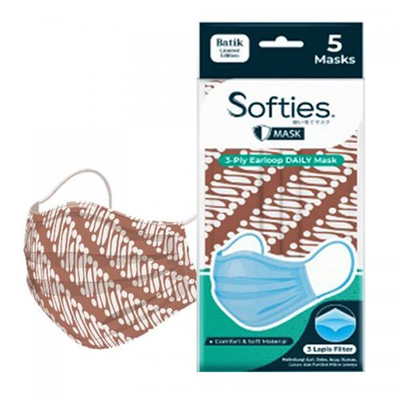 Softies 3 Ply Earloop Daily Mask (Batik Parang Design) Coklat 5s | Gogobli